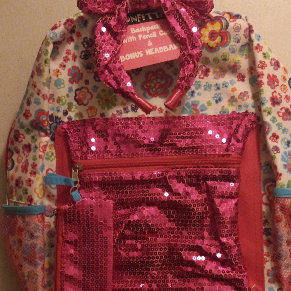 Backpack / pencilcase/ headband floral sequined design NWT